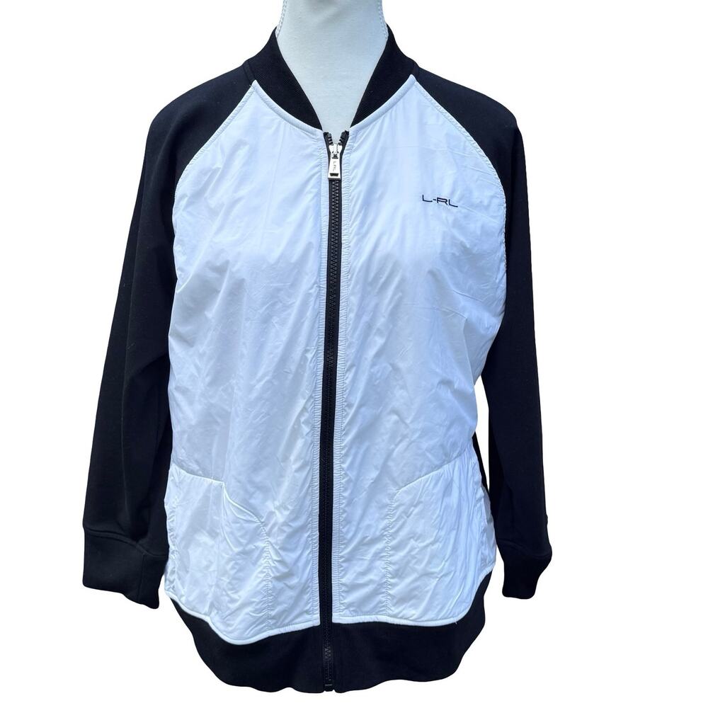 L-RL Lauren Active Ralph Lauren Women's Jacket White Nylon Black‎ Zip Front XL